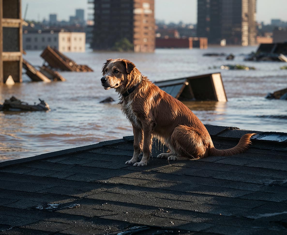 ヘリコプターによる神業で、氾濫する川に取り残された犬を救助